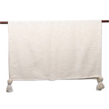 Vanilla and Snow White Cotton Throw with Dangling Tassels - Divine Appeal