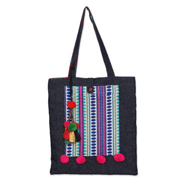 Embroidered Denim Tote Bag with Colorful Pompoms and Beads - Celebration Bouquet