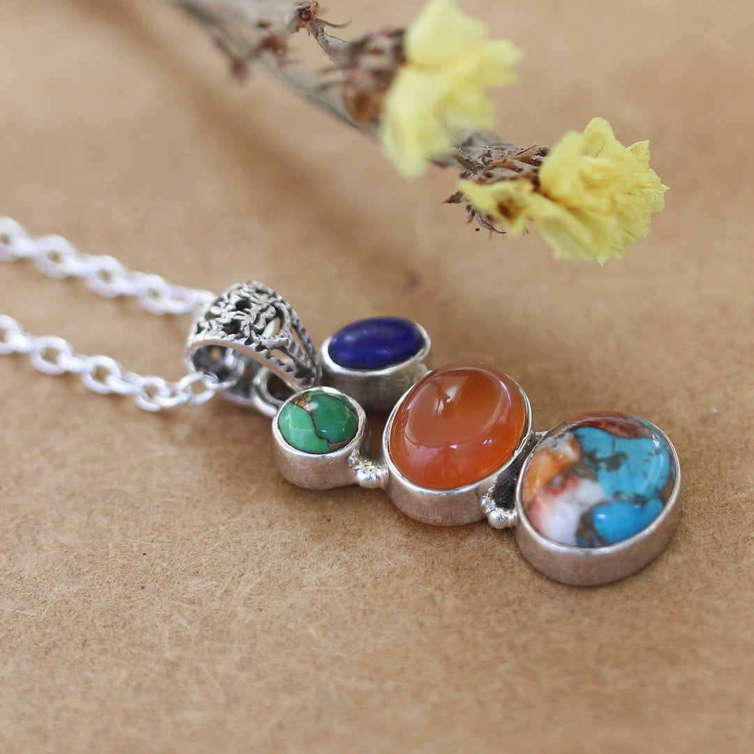 Polished Sterling Silver Pendant Necklace with Multiple Gems - Celestial Treasures