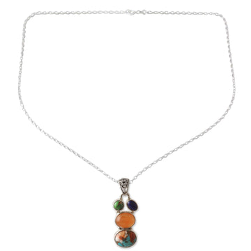 Polished Sterling Silver Pendant Necklace with Multiple Gems - Celestial Treasures