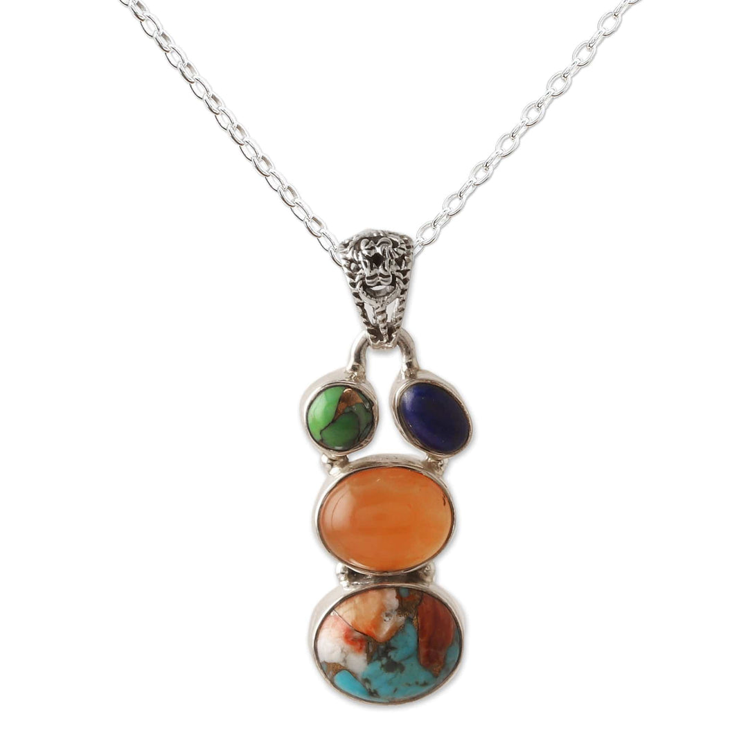 Polished Sterling Silver Pendant Necklace with Multiple Gems - Celestial Treasures