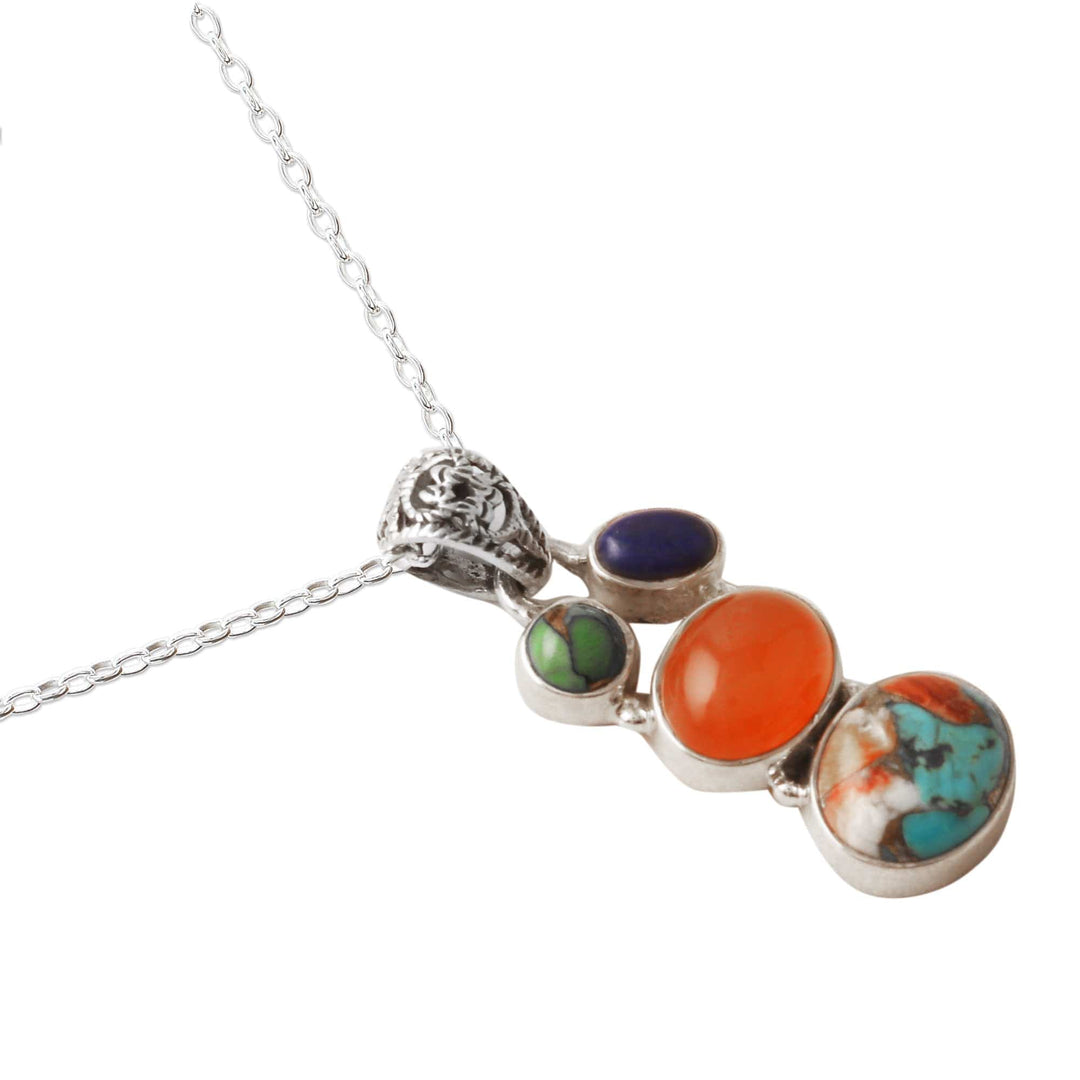 Polished Sterling Silver Pendant Necklace with Multiple Gems - Celestial Treasures