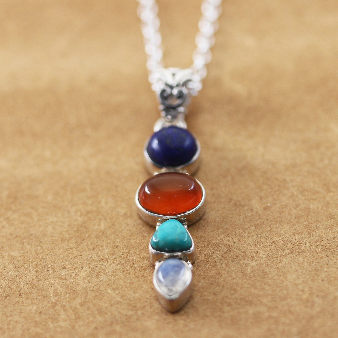 Sterling Silver Pendant Necklace with Multiple Cabochons - Aligned Harmonies