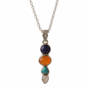 Sterling Silver Pendant Necklace with Multiple Cabochons - Aligned Harmonies