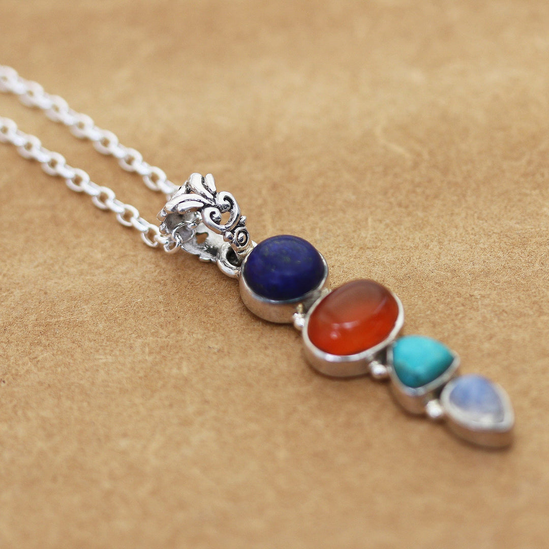 Sterling Silver Pendant Necklace with Multiple Cabochons - Aligned Harmonies