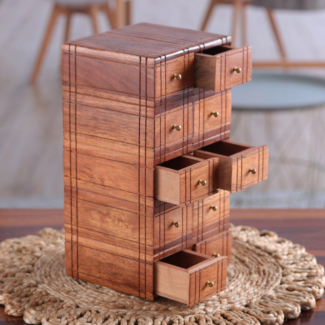 Brass-Accented Acacia Wood Chest with Ten Drawers - Timeless Glory