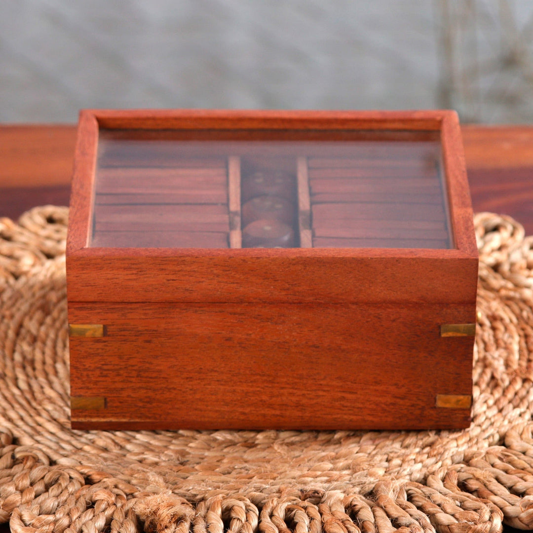 Handmade Acacia Wood and Glass Game Set with Brass Accents - Clear Cunning