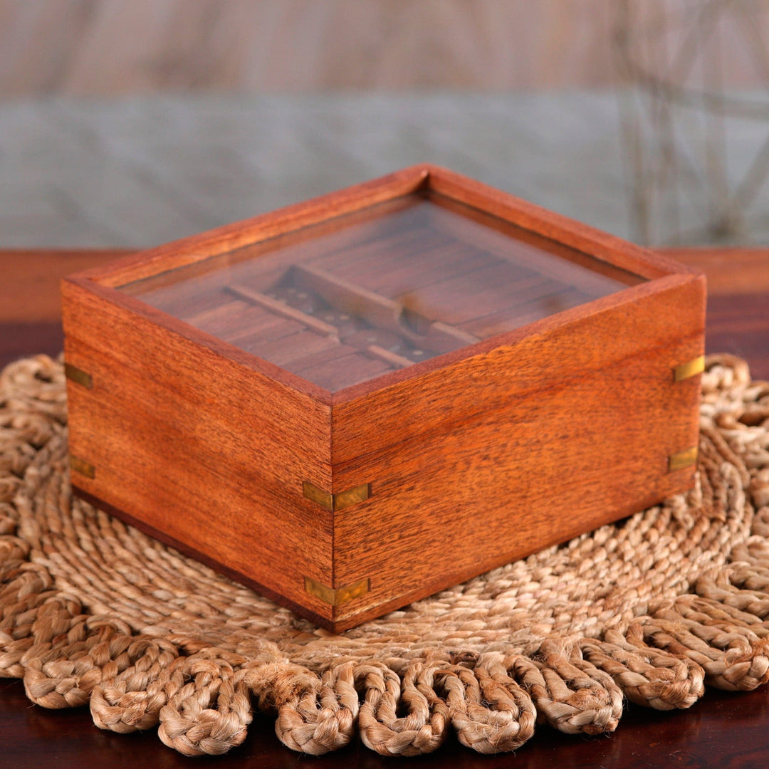 Handmade Acacia Wood and Glass Game Set with Brass Accents - Clear Cunning