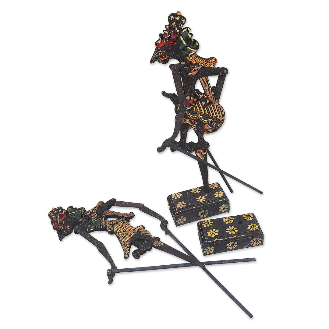 Handmade Klepu Wood Rama and Sita Shadow Puppets (Set of 2) - Divine Marriage
