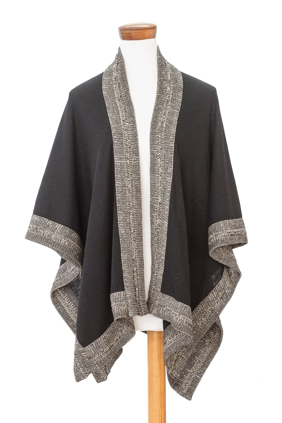 Bordered Black Cotton Ruana Handloomed in Guatemala - Nocturnal Valley
