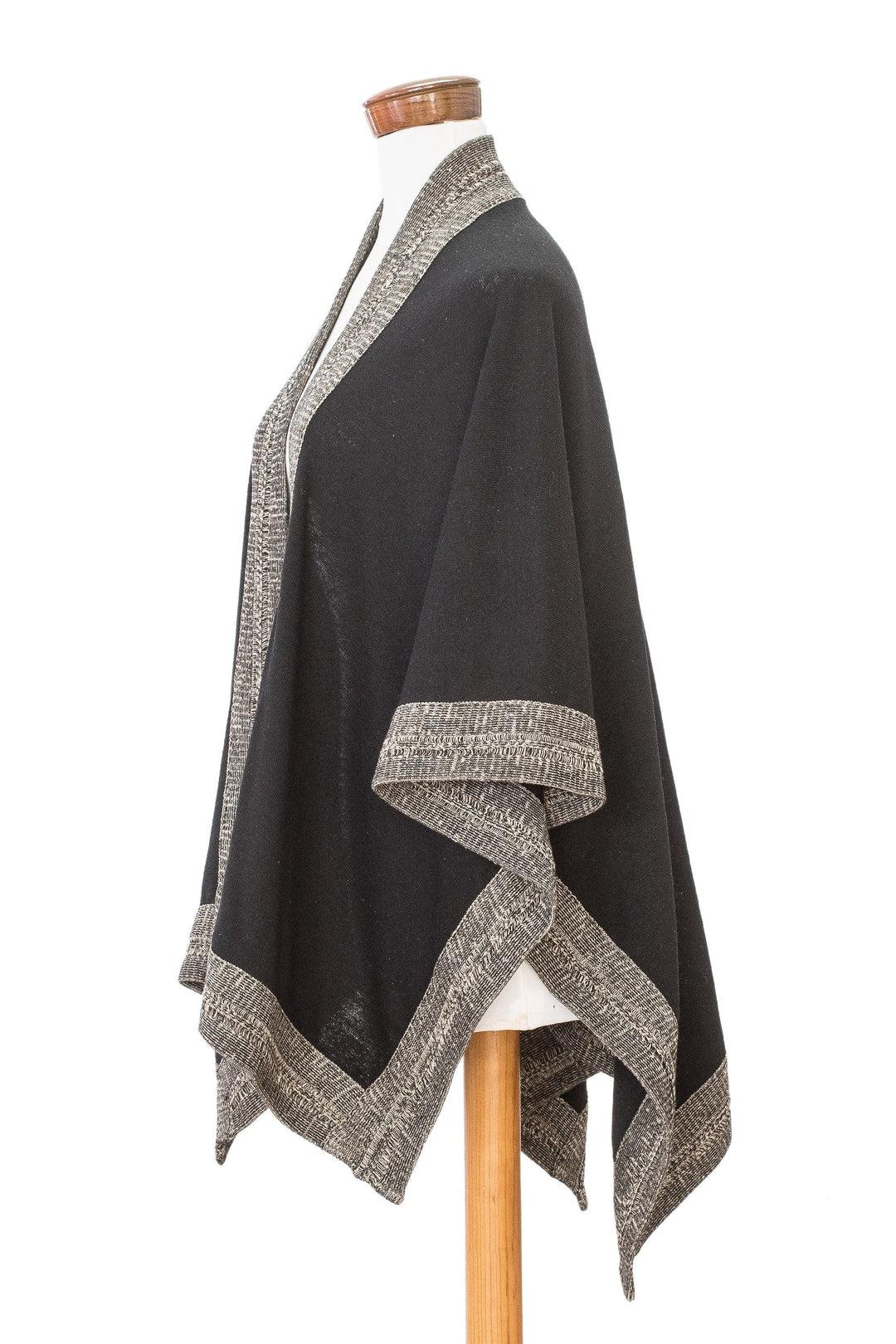 Bordered Black Cotton Ruana Handloomed in Guatemala - Nocturnal Valley