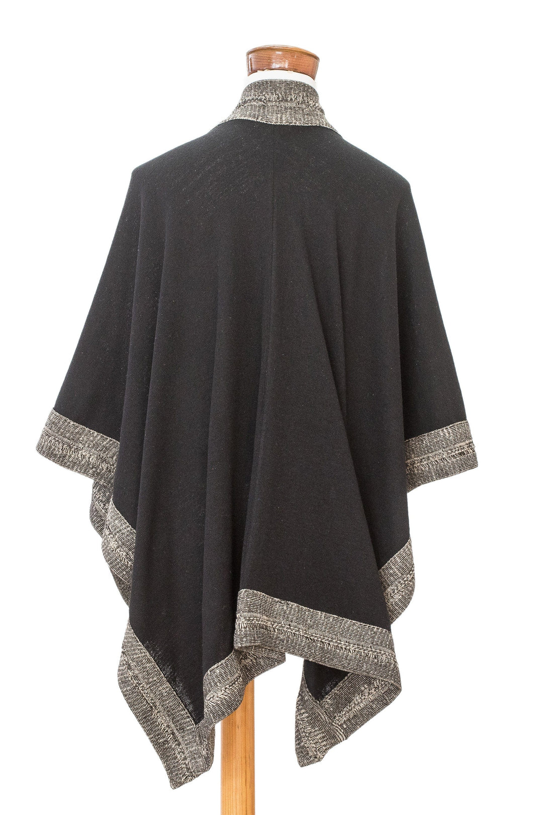 Bordered Black Cotton Ruana Handloomed in Guatemala - Nocturnal Valley
