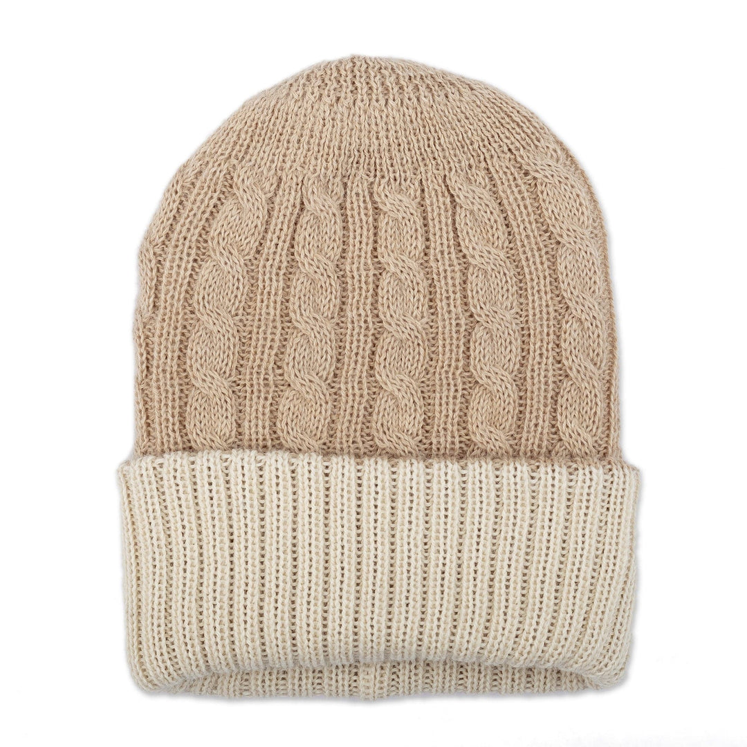 Reversible 100% Alpaca Cable Knit Hat in Ivory and Beige - Warm and Snuggly