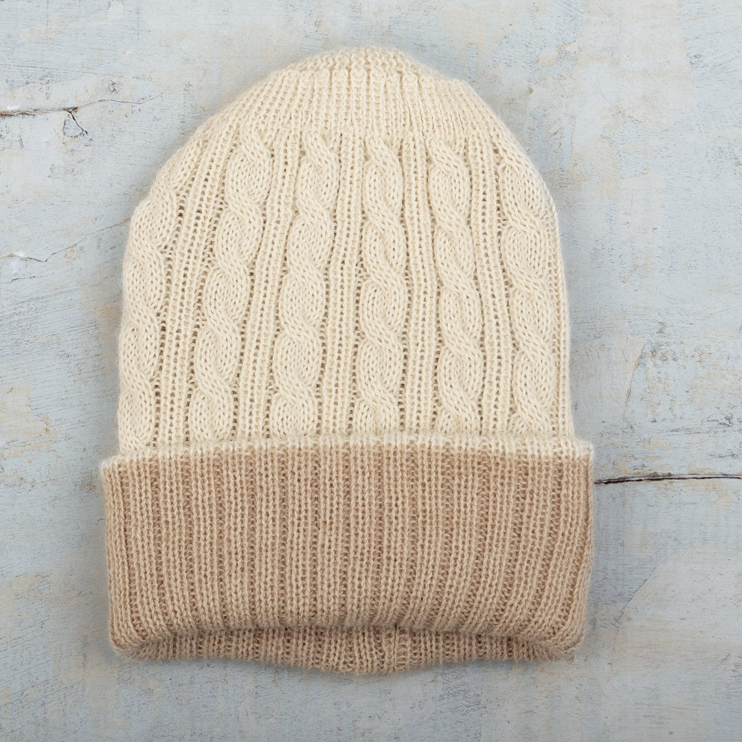 Reversible 100% Alpaca Cable Knit Hat in Ivory and Beige - Warm and Snuggly