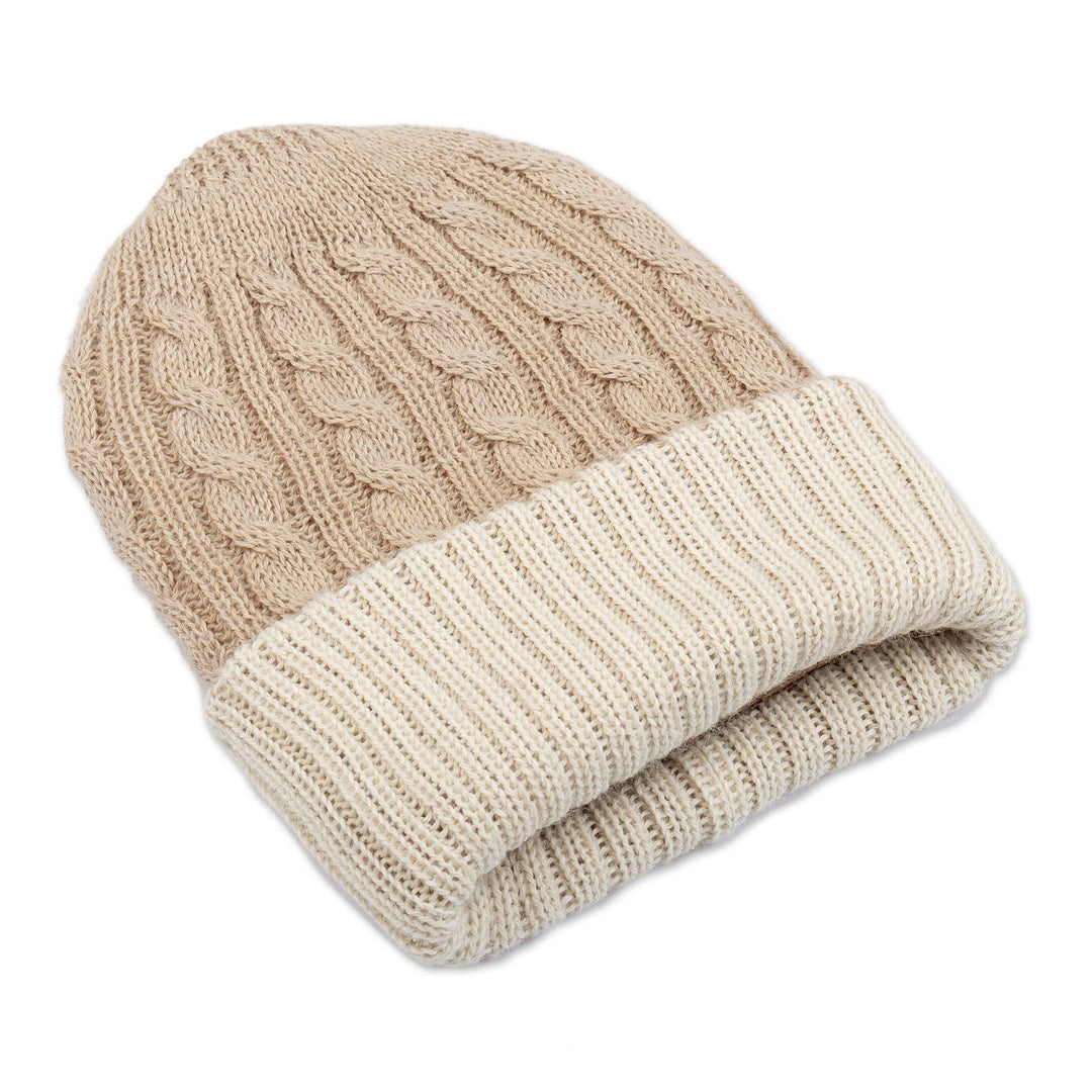 Reversible 100% Alpaca Cable Knit Hat in Ivory and Beige - Warm and Snuggly
