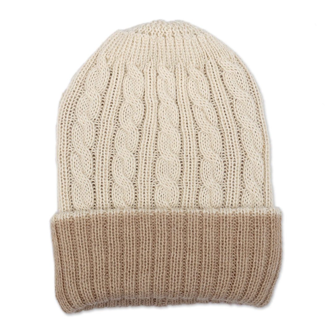 Reversible 100% Alpaca Cable Knit Hat in Ivory and Beige - Warm and Snuggly
