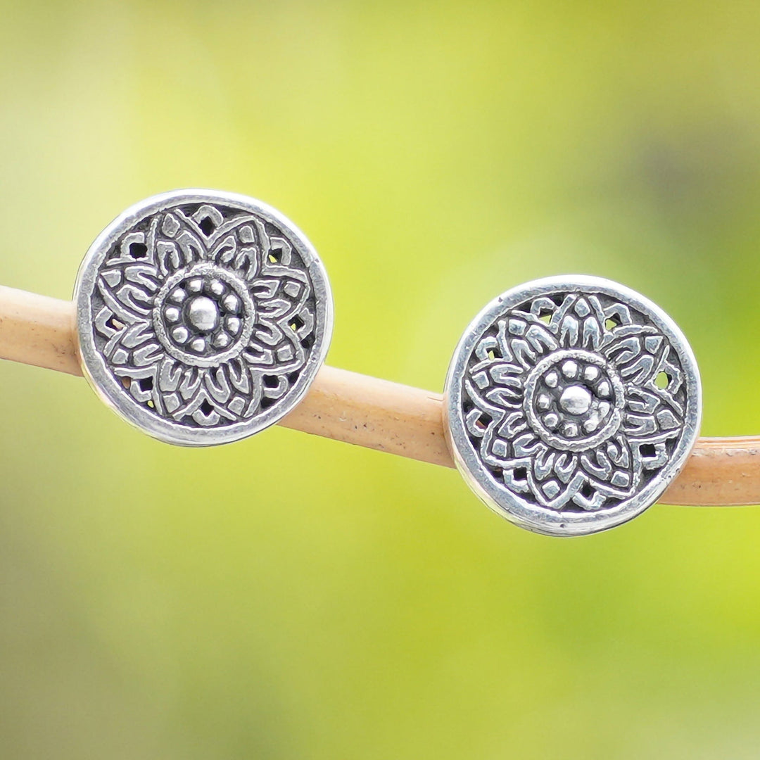 Sterling Silver Stud Earrings with Floral and Chakra Motifs - Chakra Shield