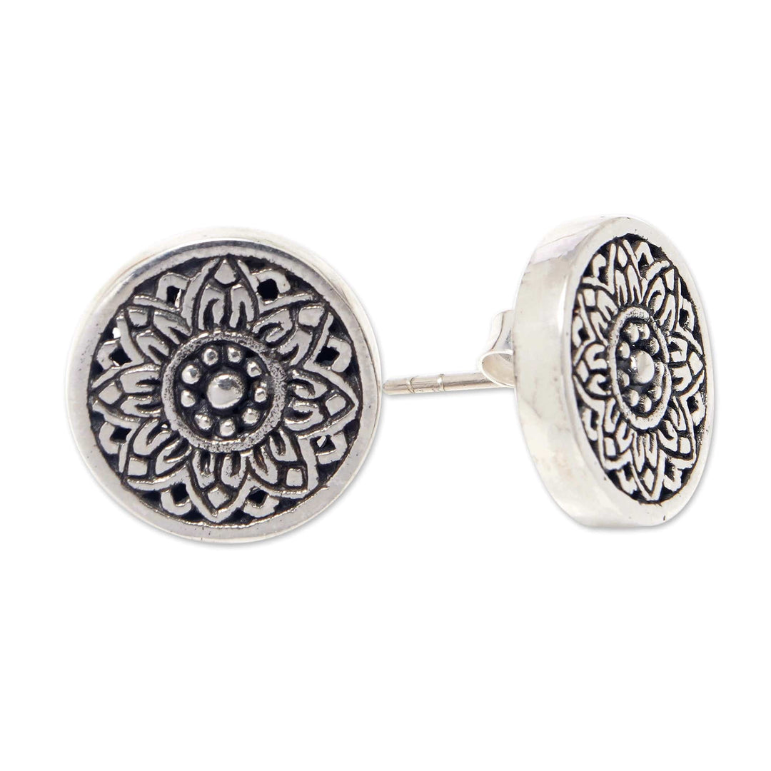 Sterling Silver Stud Earrings with Floral and Chakra Motifs - Chakra Shield