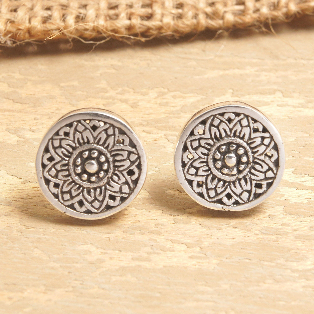 Sterling Silver Stud Earrings with Floral and Chakra Motifs - Chakra Shield
