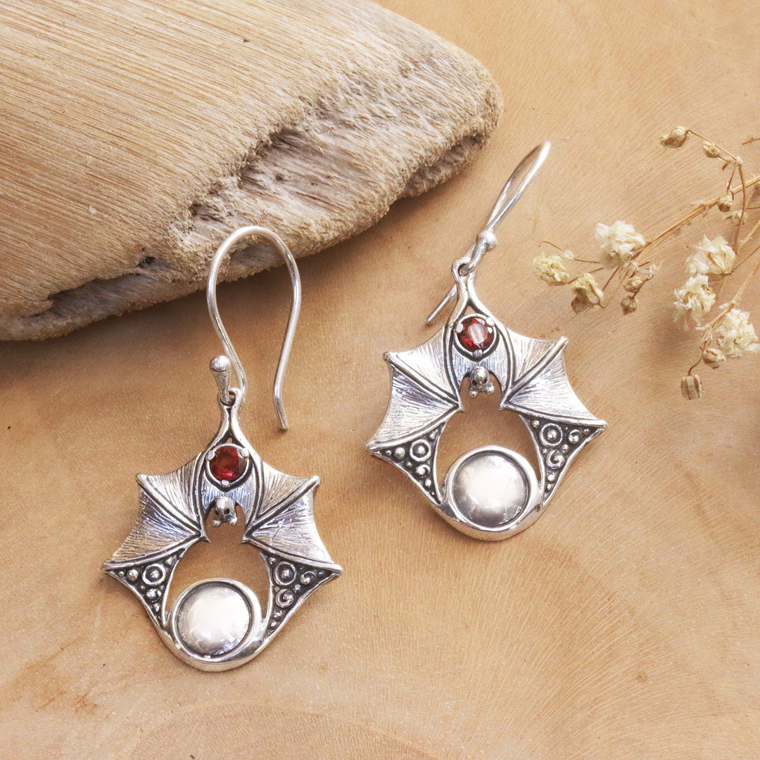 Sterling Silver Bat Dangle Earrings with Garnet Stones - Peaceful Bat
