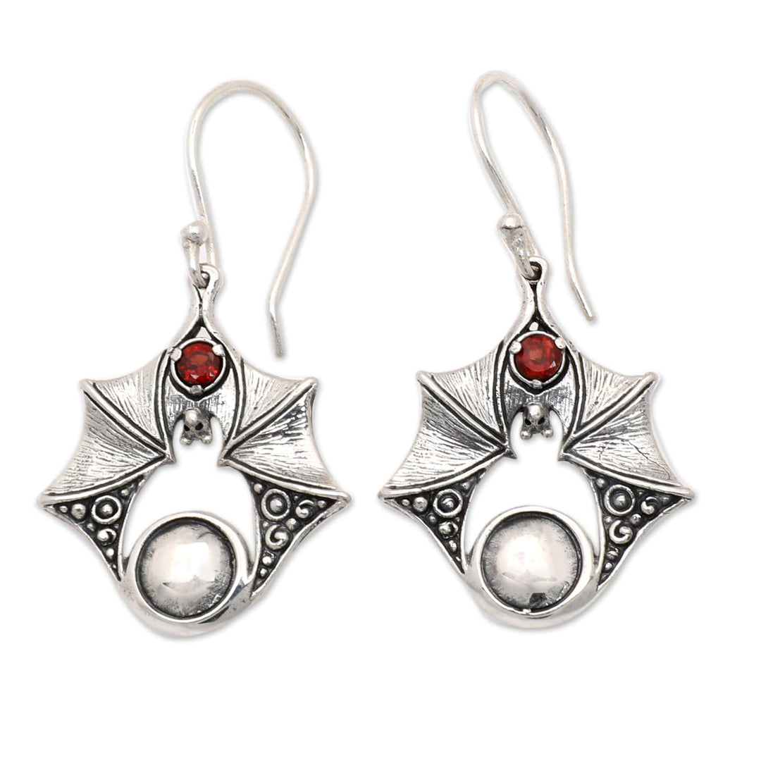Sterling Silver Bat Dangle Earrings with Garnet Stones - Peaceful Bat