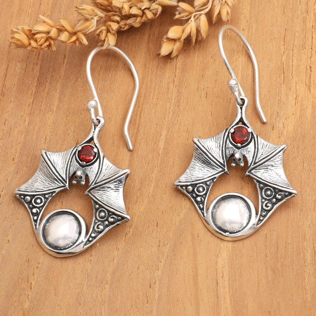 Sterling Silver Bat Dangle Earrings with Garnet Stones - Peaceful Bat