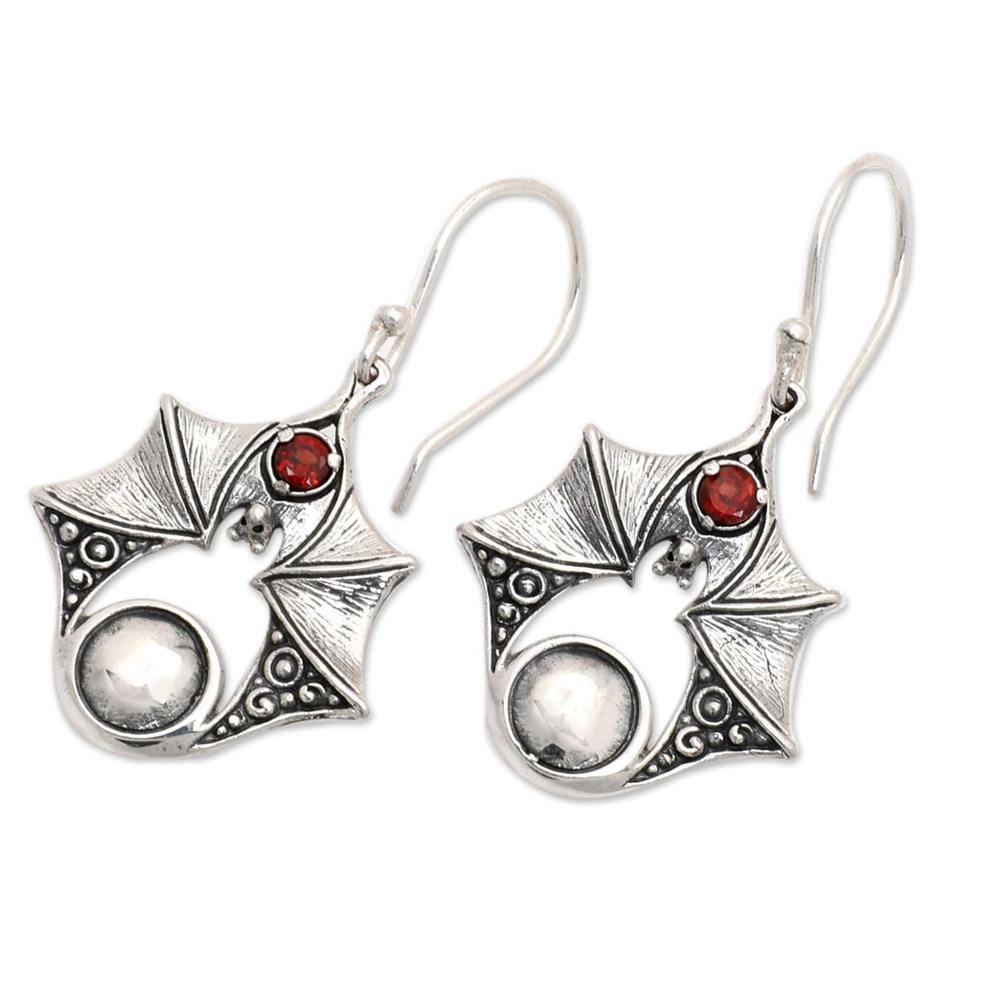 Sterling Silver Bat Dangle Earrings with Garnet Stones - Peaceful Bat