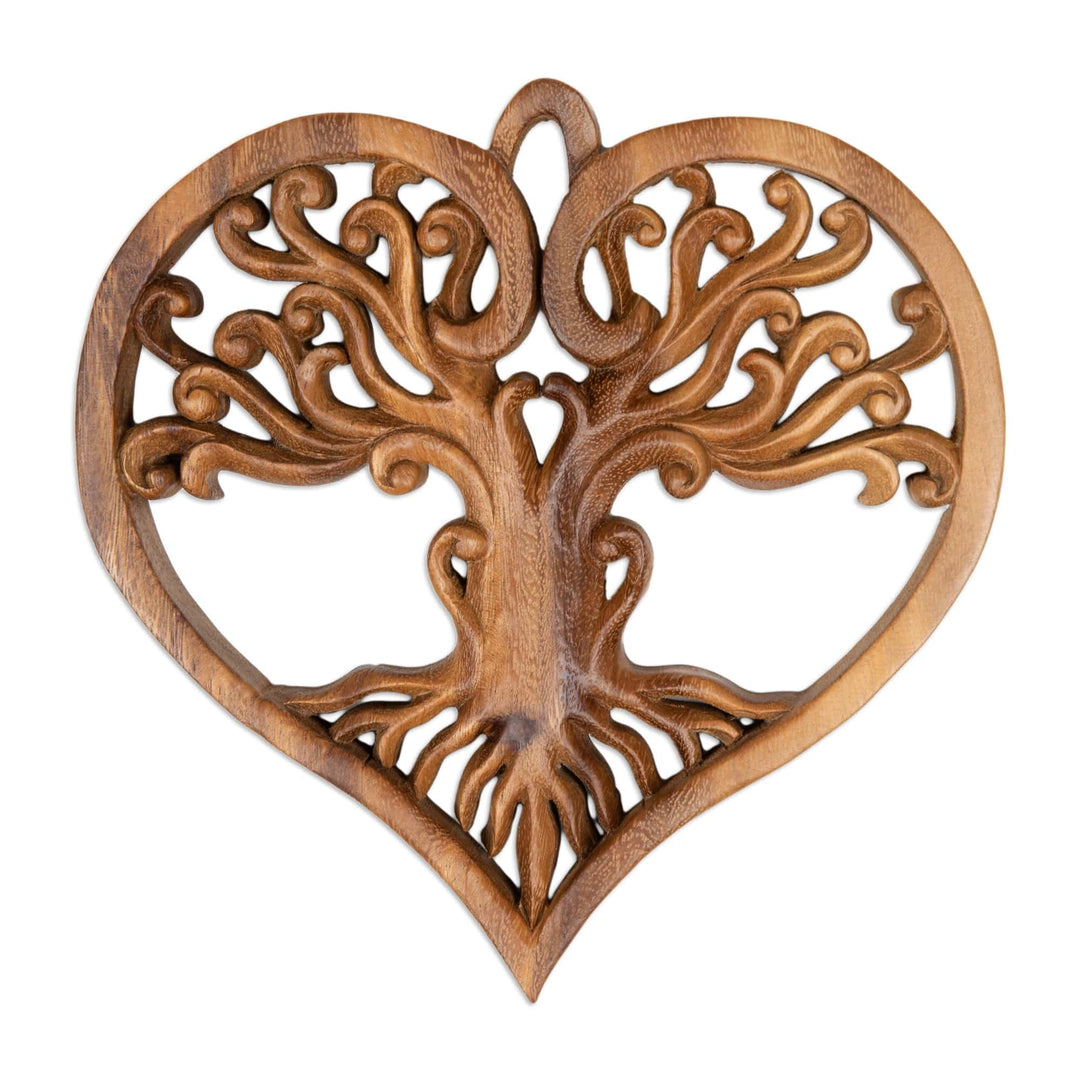 Hand-Carved Heart-Shaped Tree Suar Wood Relief Panel - Heart of the Earth