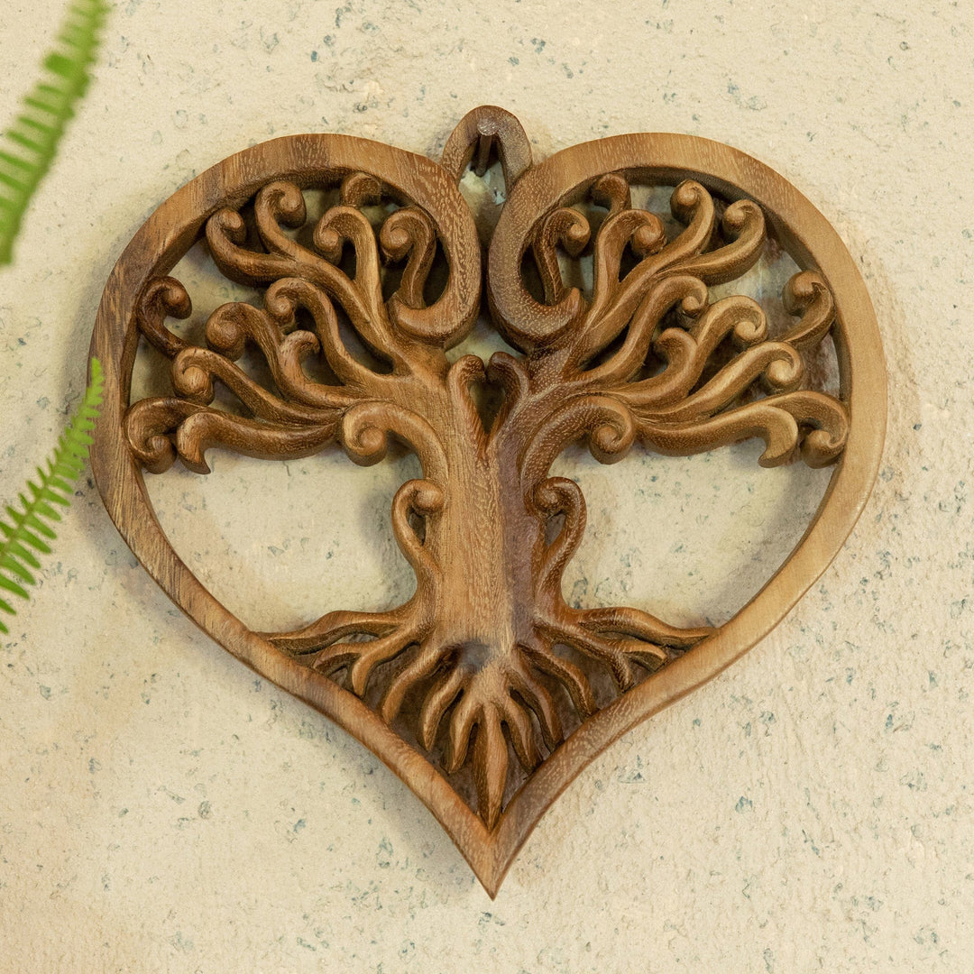 Hand-Carved Heart-Shaped Tree Suar Wood Relief Panel - Heart of the Earth