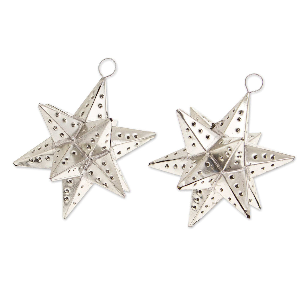 Pair of Star-Themed Polished Tin Ornaments Crafted in Mexico - Starry Secret