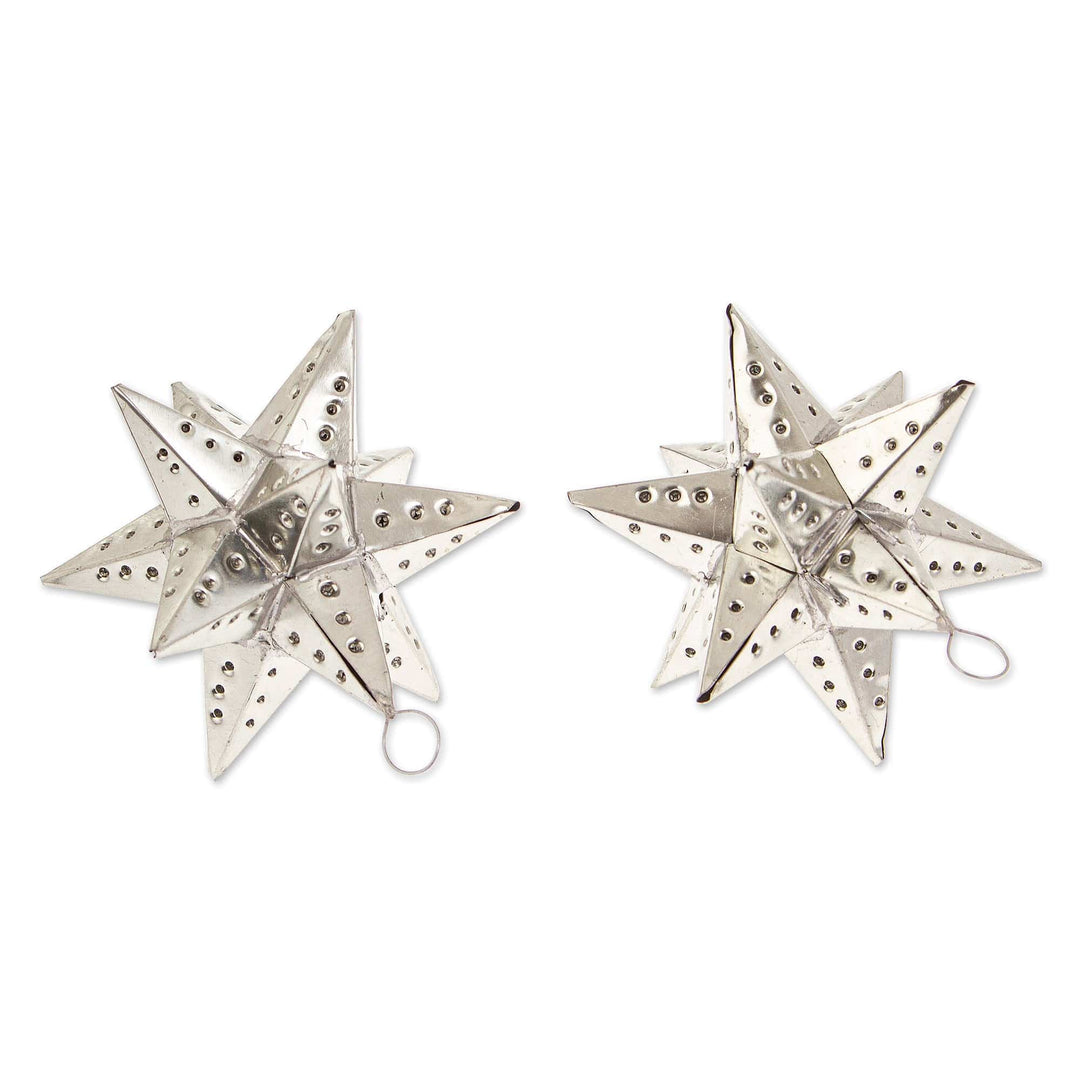 Pair of Star-Themed Polished Tin Ornaments Crafted in Mexico - Starry Secret