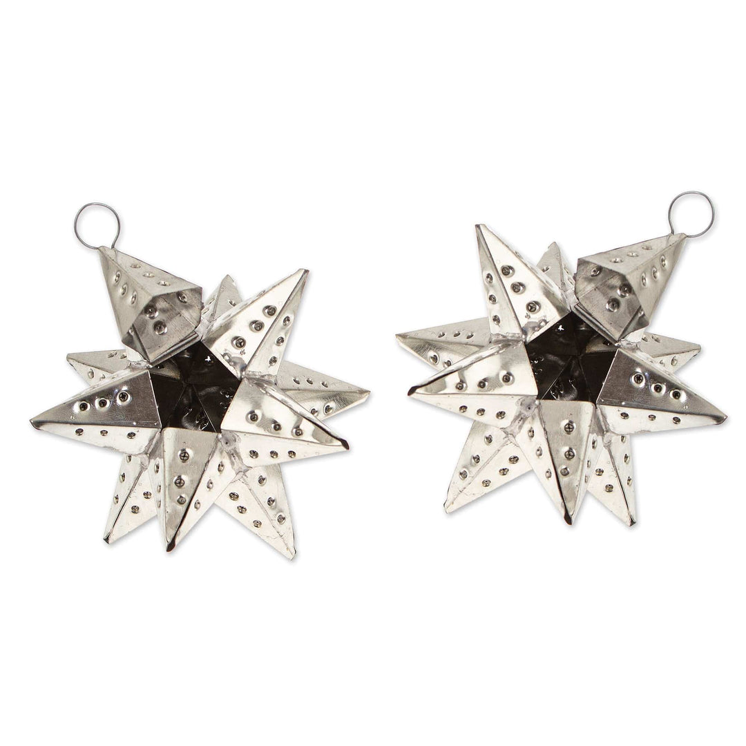 Pair of Star-Themed Polished Tin Ornaments Crafted in Mexico - Starry Secret