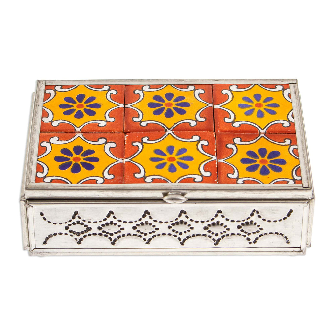 Talavera Tin and Ceramic Jewelry Box in Orange and Yellow - Palace of Suns