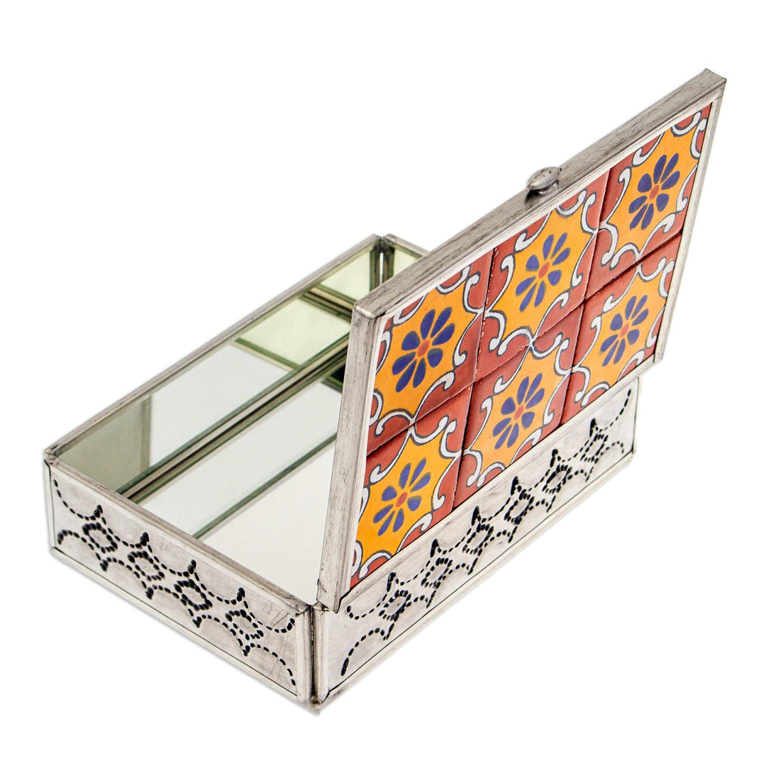 Talavera Tin and Ceramic Jewelry Box in Orange and Yellow - Palace of Suns