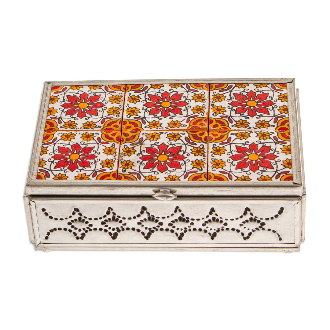 Talavera Tin and Ceramic Jewelry Box in Warm Floral Details - Palace of Flowers