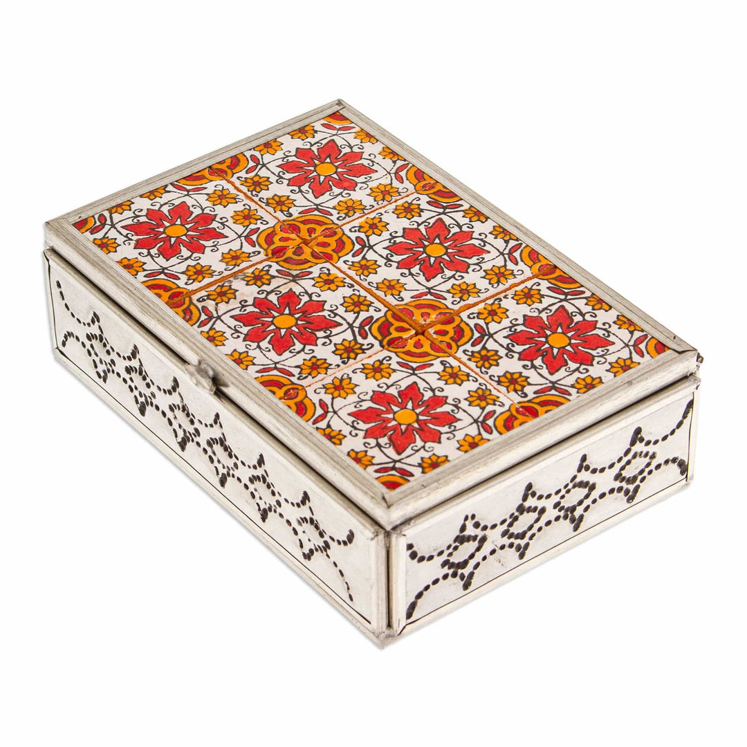 Talavera Tin and Ceramic Jewelry Box in Warm Floral Details - Palace of Flowers