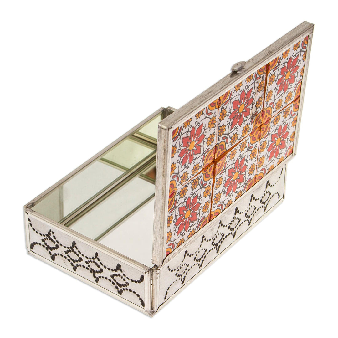 Talavera Tin and Ceramic Jewelry Box in Warm Floral Details - Palace of Flowers