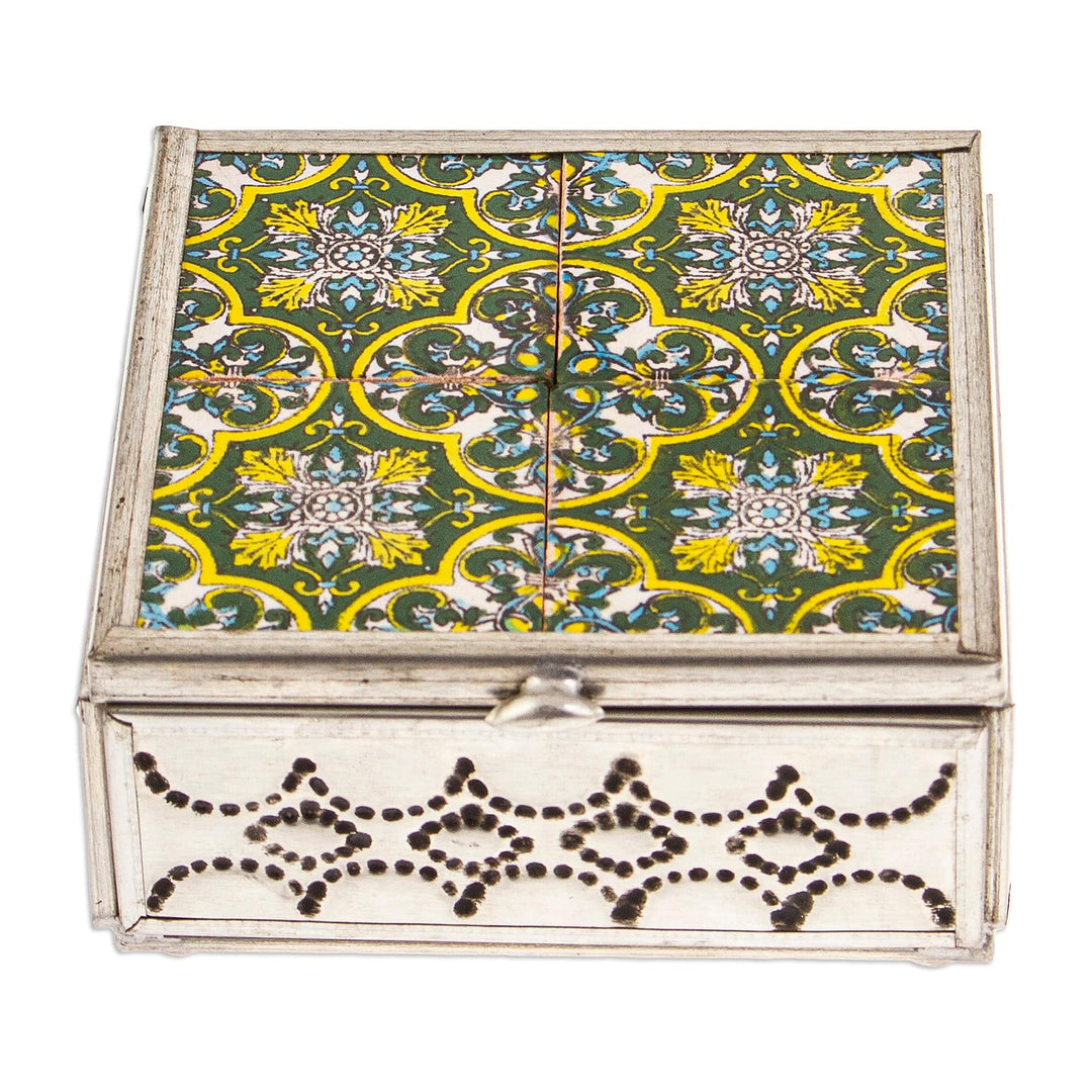 Handcrafted Tin and Ceramic Jewelry Box in Green and Yellow - Forest Mansion
