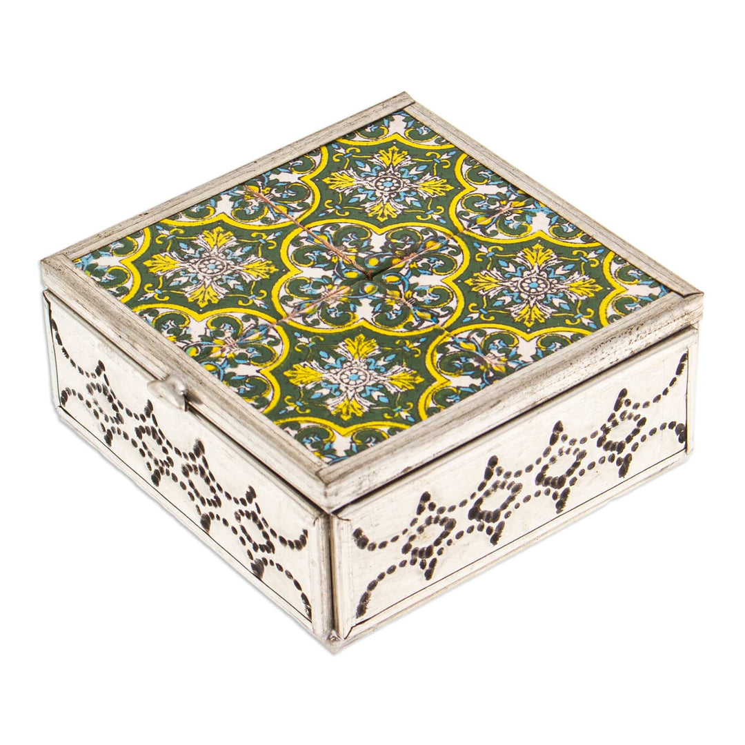 Handcrafted Tin and Ceramic Jewelry Box in Green and Yellow - Forest Mansion