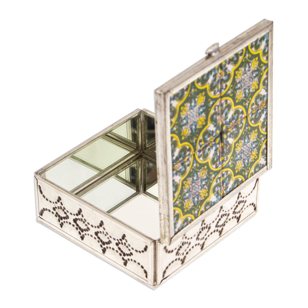 Handcrafted Tin and Ceramic Jewelry Box in Green and Yellow - Forest Mansion