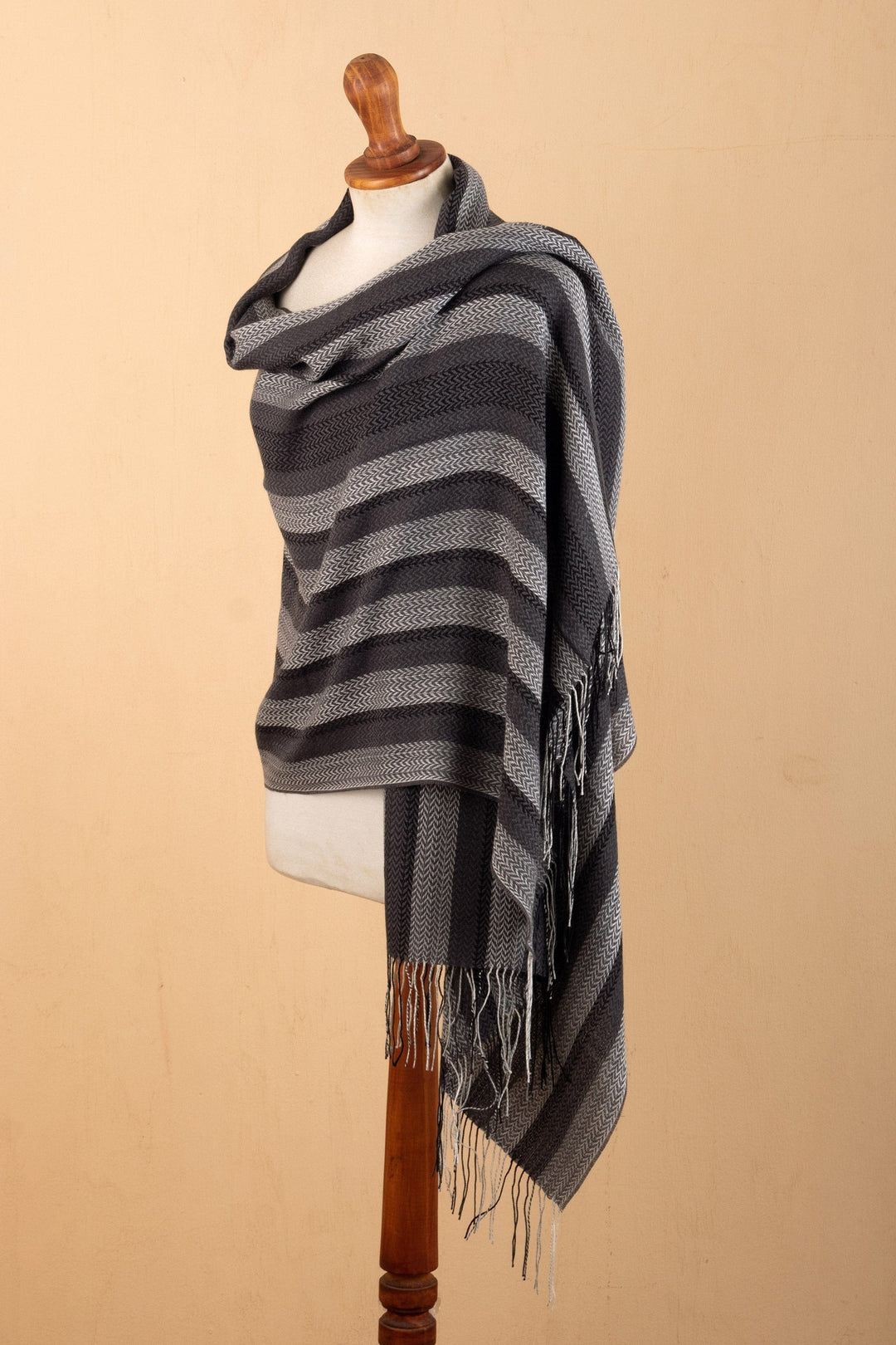 Handloomed Baby Alpaca Blend Striped Shawl in Black and Grey - Classic Shades