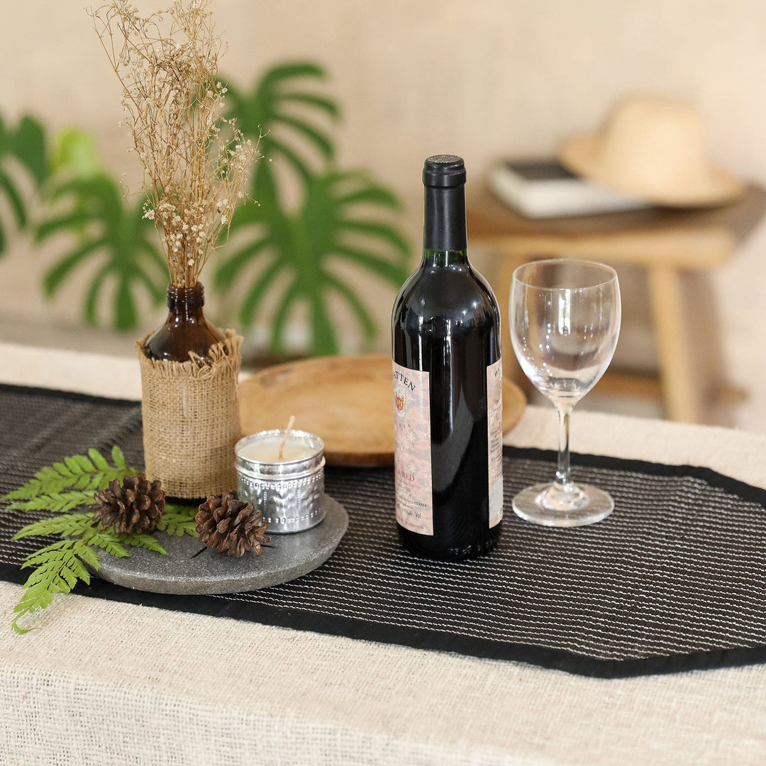 Black Cotton Blend Table Runner with Geometric Design - Night Geometry