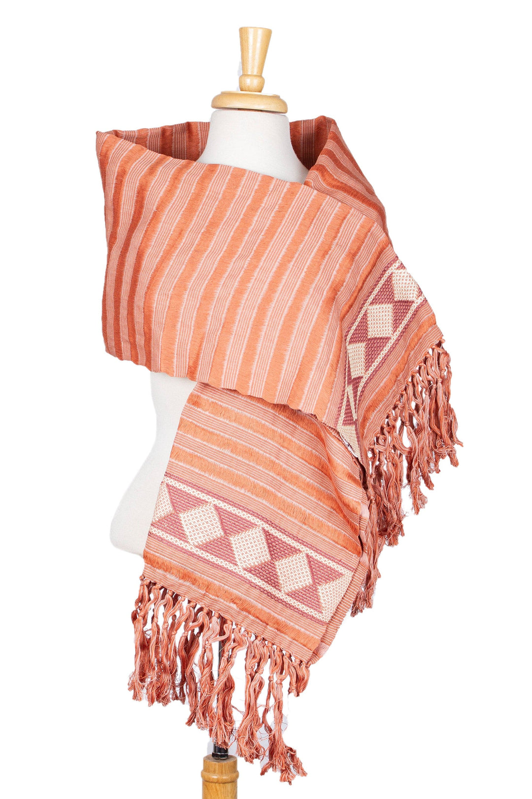 Hand-Woven Orange Cotton Scarf with Stripes & Diamond Motif - Diamonds and Stripes