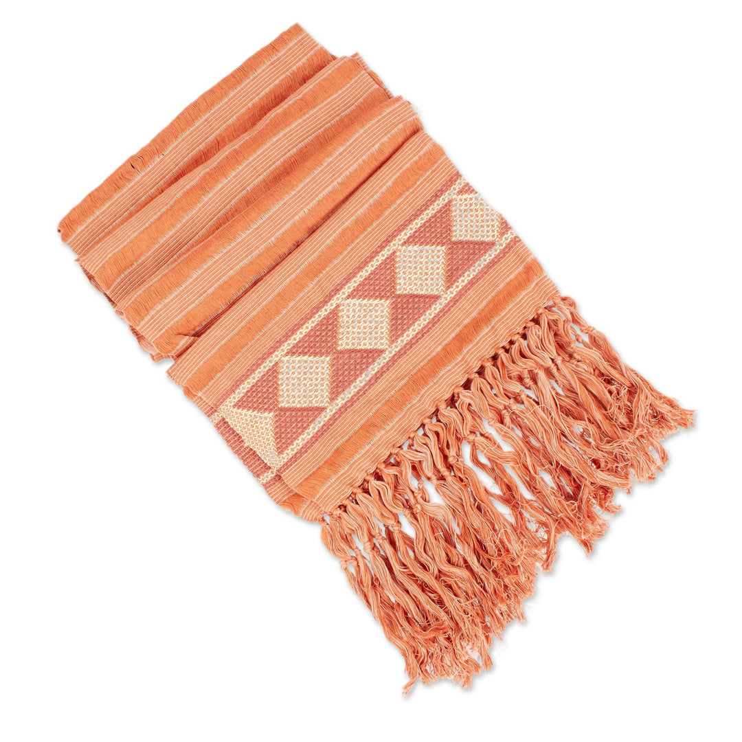 Hand-Woven Orange Cotton Scarf with Stripes & Diamond Motif - Diamonds and Stripes