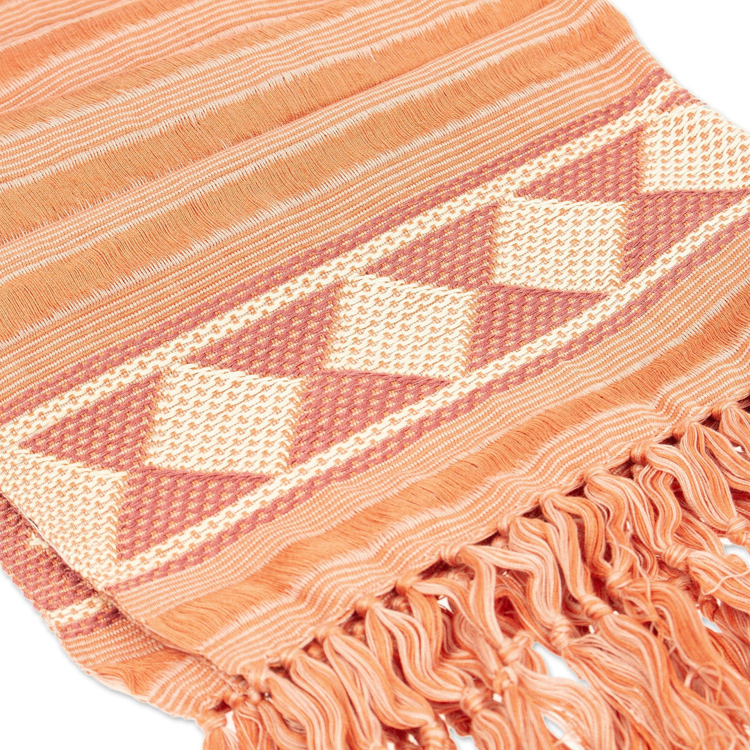 Hand-Woven Orange Cotton Scarf with Stripes & Diamond Motif - Diamonds and Stripes
