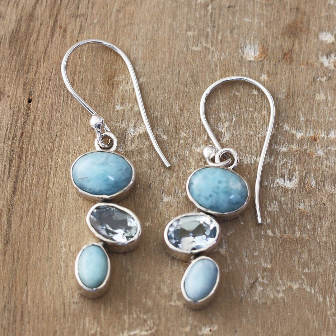 Sterling Silver Dangle Earrings with Larimar and Blue Topaz - Trendy Trio