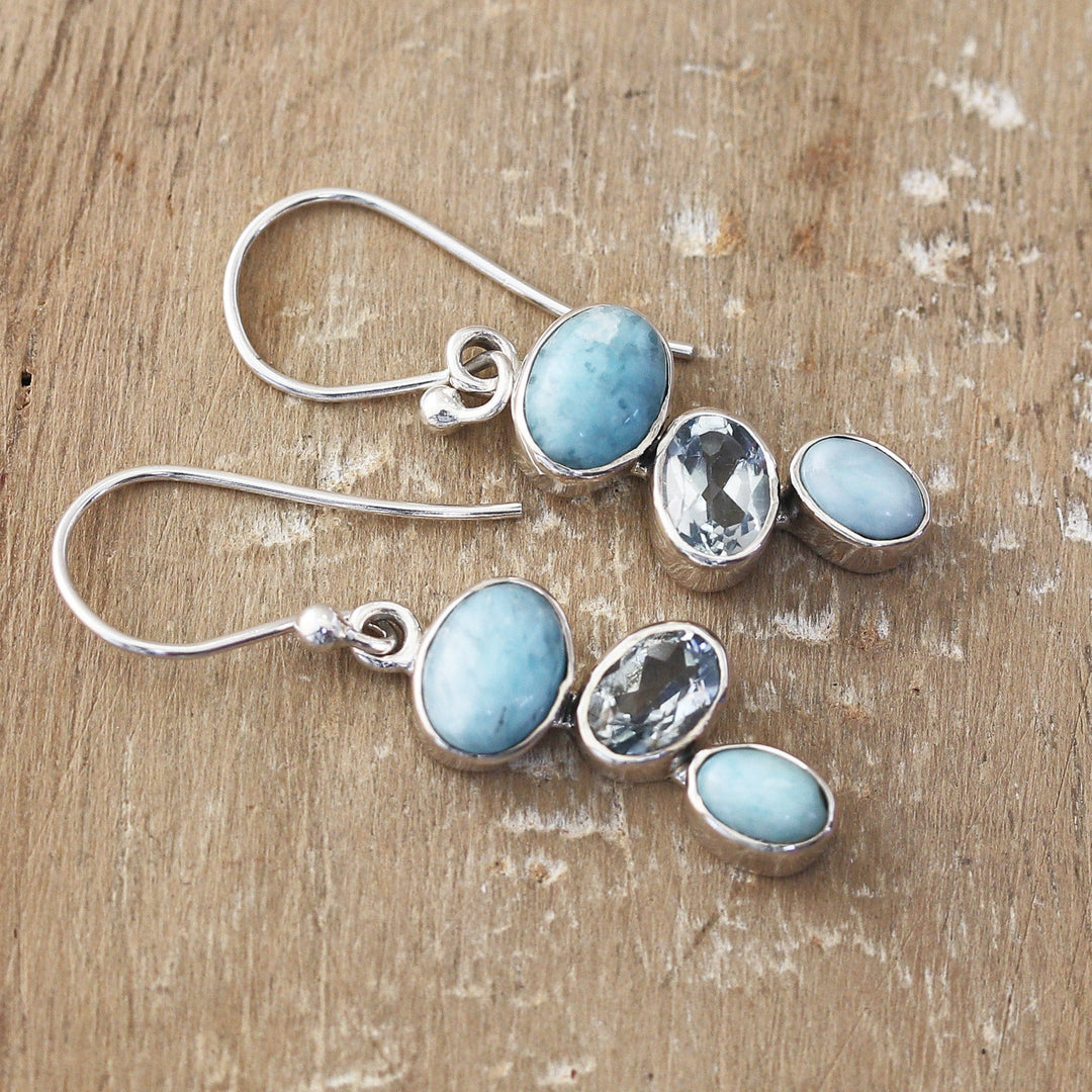 Sterling Silver Dangle Earrings with Larimar and Blue Topaz - Trendy Trio
