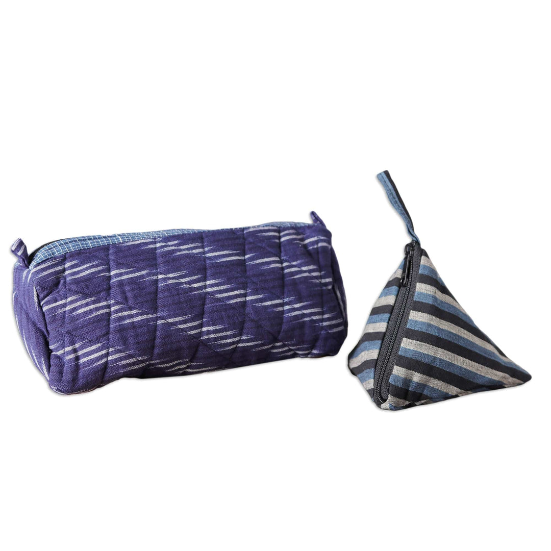 Blue Quilted Ikat Cotton Cosmetic Bag with Coin Purse (Pair) - Blue Appeal