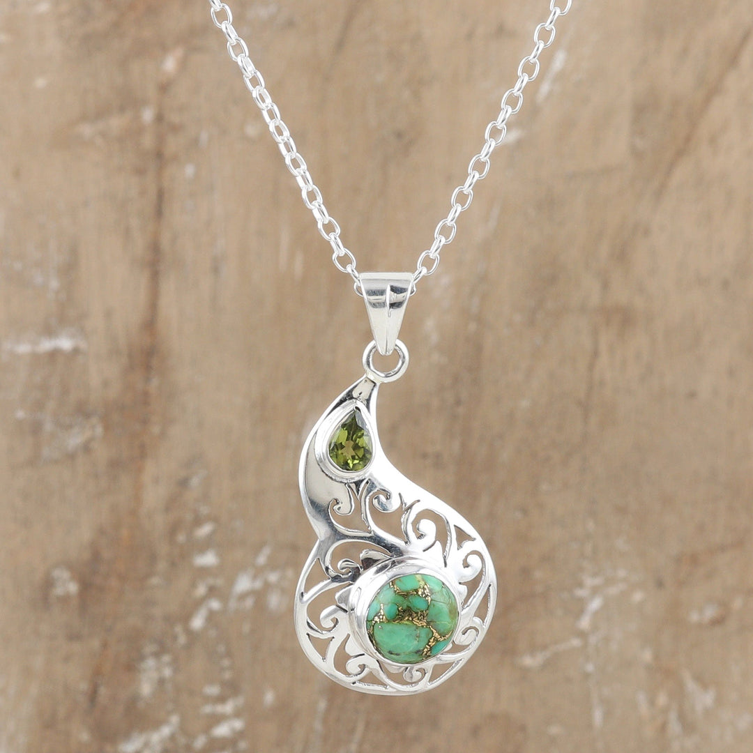 Faceted Peridot and Composite Turquoise Pendant Necklace - Lagoon Harmony