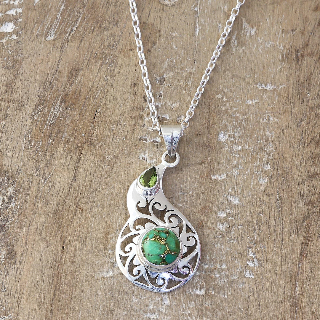 Faceted Peridot and Composite Turquoise Pendant Necklace - Lagoon Harmony